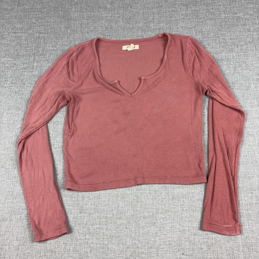 Madewell T-Shirt Womens S Pink Notch V-Neck Long Sleeve Ribbed Cropped Top
